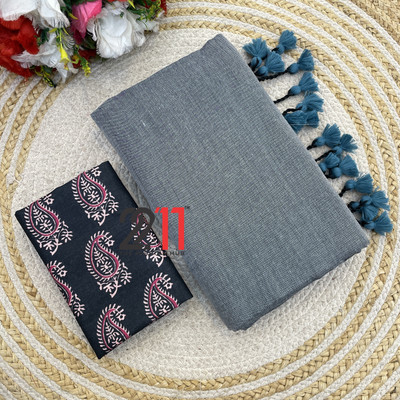 2211 THE FASHION HUB Solid/Plain Handloom Pure Cotton Saree(Grey)