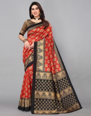 Divastri Geometric Print, Printed, Self Design Mysore Silk Blend, Art Silk Saree(Red, Black)