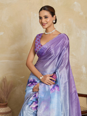 BFM Floral Print Bollywood Silk Blend Saree(Blue)
