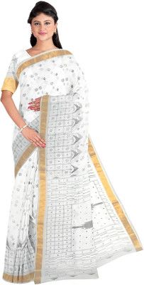 nebadita Printed Tant Cotton Blend Saree(White, Black)