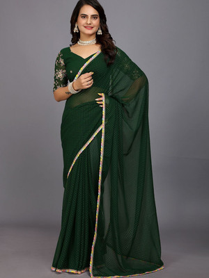 CLICKTHEMALL Solid/Plain Bollywood Georgette Saree(Dark Green)