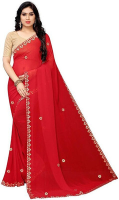 HouseOfCommon Self Design Bollywood Velvet, Chiffon Saree(Red)