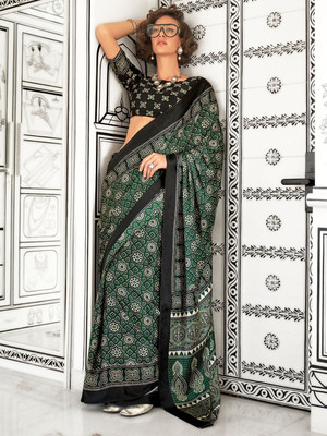 ANOUK Printed Hand Batik Crepe Saree(Green)