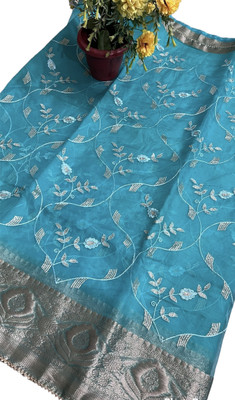 HouseOfCommon Embroidered, Woven Banarasi Silk Blend, Organza Saree(Light Blue)