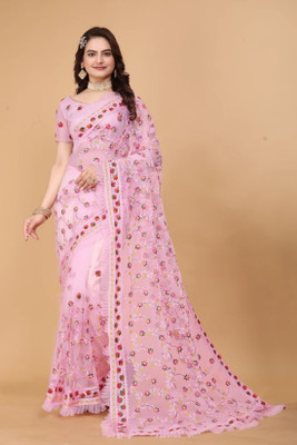 KV Fashion Embroidered Bollywood Net Saree(Pink)