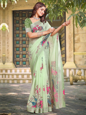 Anouk Rustic Digital Print Chinnalapattu Cotton Linen Saree(Light Green)
