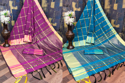 KHODIYAR TRENDZ Checkered, Woven Daily Wear Cotton Silk Saree(Pack of 2, Magenta, Blue)