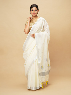 Manvish Drapes Embroidered Kasavu Pure Cotton Saree(White)