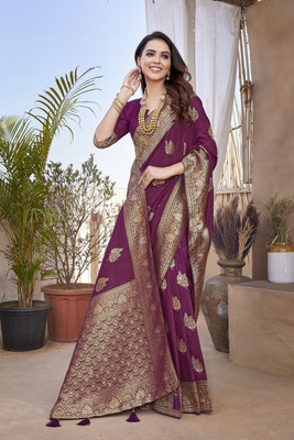 SareezaaStore Woven, Embellished Banarasi Silk Blend, Jacquard Saree(Purple)