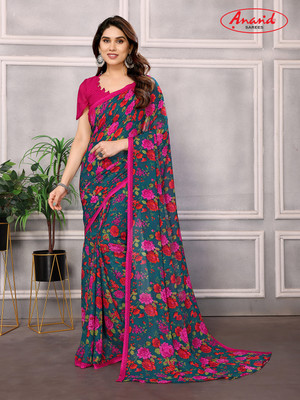 Anand Sarees Floral Print Bollywood Georgette Saree(Dark Green)