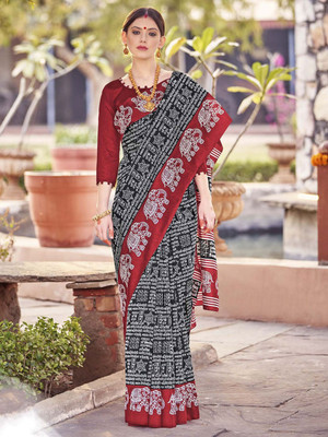 Anouk Rustic Printed Daily Wear Silk Blend Saree(Black)