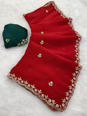 V AMAN FASHION Solid/Plain, Self Design, Embroidered Bollywood Chiffon Saree(Red)