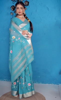 RAXA Floral Print, Embroidered, Striped Daily Wear Chiffon Saree(Blue)