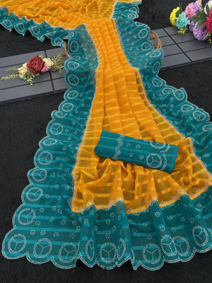 KHRITI FAB Embellished Bollywood Georgette Saree(Light Blue, Yellow)