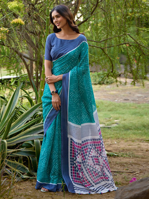 ANOUK Printed Leheria Linen Saree(Blue)