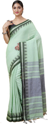 Ruuprekha Temple Border Handloom Cotton Blend Saree(Light Green)