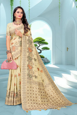 NANDKUMAR TRENDS PVT LTD Woven, Self Design Banarasi Cotton Linen Saree(Cream)