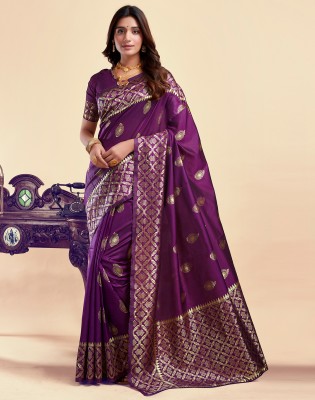 Divastri Woven, Embellished, Self Design Banarasi Silk Blend, Jacquard Saree(Purple, Gold)