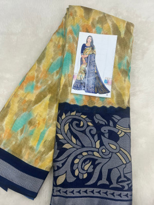 Ramdev Textiles Printed Daily Wear Cotton Silk Saree(Yellow)