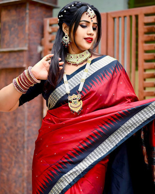 AJMERA FAISHON Solid/Plain Sambalpuri Silk Blend Saree(Red)