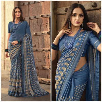 SARIK Printed, Self Design, Graphic Print, Floral Print, Checkered, Solid/Plain Bollywood Georgette, Chiffon Saree(Blue)