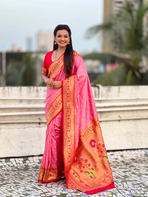 all about you Woven Paithani Silk Blend Saree(Pink)