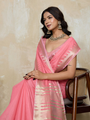 BFM Solid/Plain Bollywood Linen Saree(Pink)