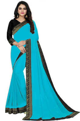 FIERTE Solid/Plain Bollywood Chiffon, Georgette Saree(Light Blue)