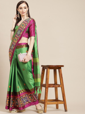 Tasrika Embroidered, Self Design Kanjivaram Cotton Silk Saree(Green, Pink)