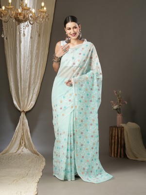 Divastri Embroidered Jamdani Cotton Blend Saree(Light Blue)