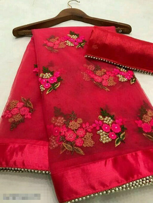 vallavi fashion Embroidered Bollywood Net Saree(Red)