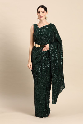 DIVINE INTERNATIONAL TRADING CO Embroidered Bollywood Georgette Saree(Dark Green)