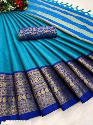Darshita International Woven Kanjivaram Silk Blend, Cotton Silk Saree(Light Blue, Blue)