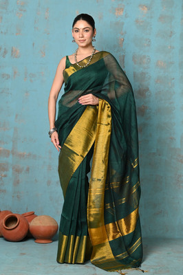 Very Much Indian Solid/Plain Handloom Cotton Linen Saree(Green)
