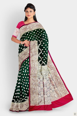 HouseOfCommon Woven, Self Design Banarasi Silk Blend Saree(Dark Green)