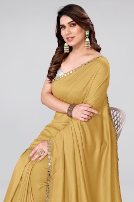 MIRCHI FASHION Solid/Plain, Embellished Daily Wear Silk Blend Saree(Gold)