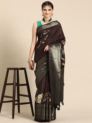 Tasrika Digital Print Banarasi Silk Blend Saree(Brown)