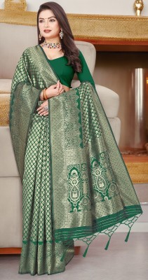 ALMEDA Woven Kanjivaram Silk Blend, Jacquard Saree(Dark Green)