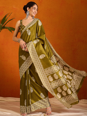 Sareemall Printed Chanderi Cotton Blend Saree(Light Green)