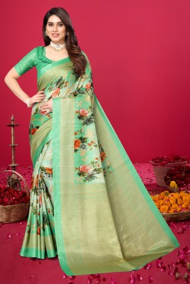 Winza Designer Floral Print Daily Wear Cotton Silk Saree(Green)