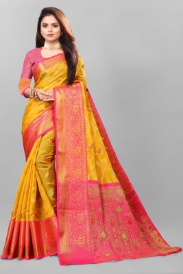 FABFIZA Self Design Banarasi Organza, Cotton Silk Saree(Yellow)