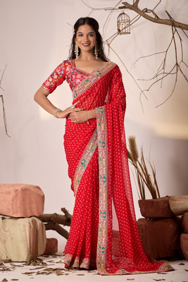 Sidhidata Embroidered Bandhani Georgette Saree(Red)