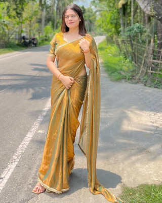 Moda Rapido Embroidered, Solid/Plain, Embellished Bollywood Chiffon Saree(Gold)