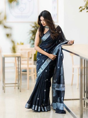 Miswa Woven, Embellished Banarasi Linen, Pure Cotton Saree(Black)