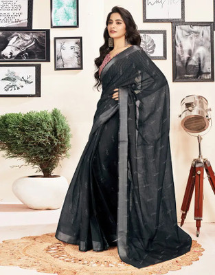 HouseOfCommon Geometric Print Bollywood Cotton Linen Saree(Black)