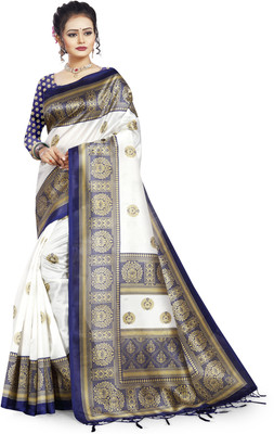 VCREATION Printed Bollywood Art Silk Saree(Dark Blue, White)