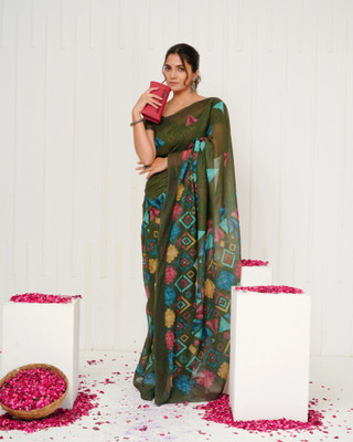 SHRIVAN FASHION Printed Bollywood Cotton Linen Saree(Dark Green)