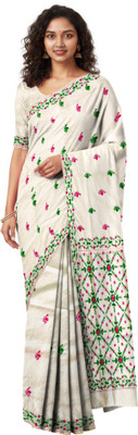SHRISTI CLOTHINGS Embroidered Kantha Cotton Silk Saree(Cream)