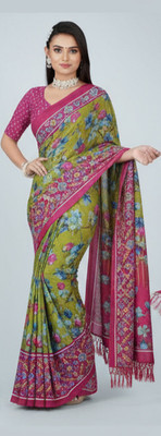 anu enterprises Floral Print, Geometric Print, Tie-Dye Pochampally Pure Silk, Cotton Silk Saree(Green, Pink)