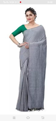BiswasTextiles Solid/Plain Handloom Cotton Blend Saree(Grey)